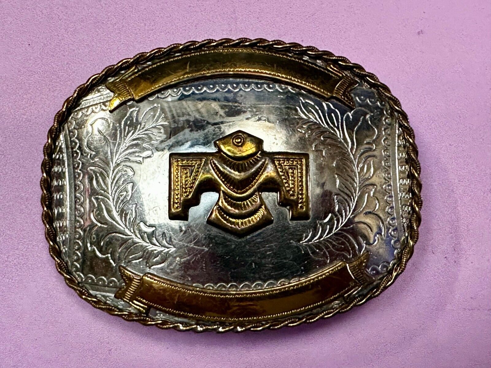 Thunderbird Embalm and Blank Engravable Ribbon Vintage Nickel Silver Belt Buckle