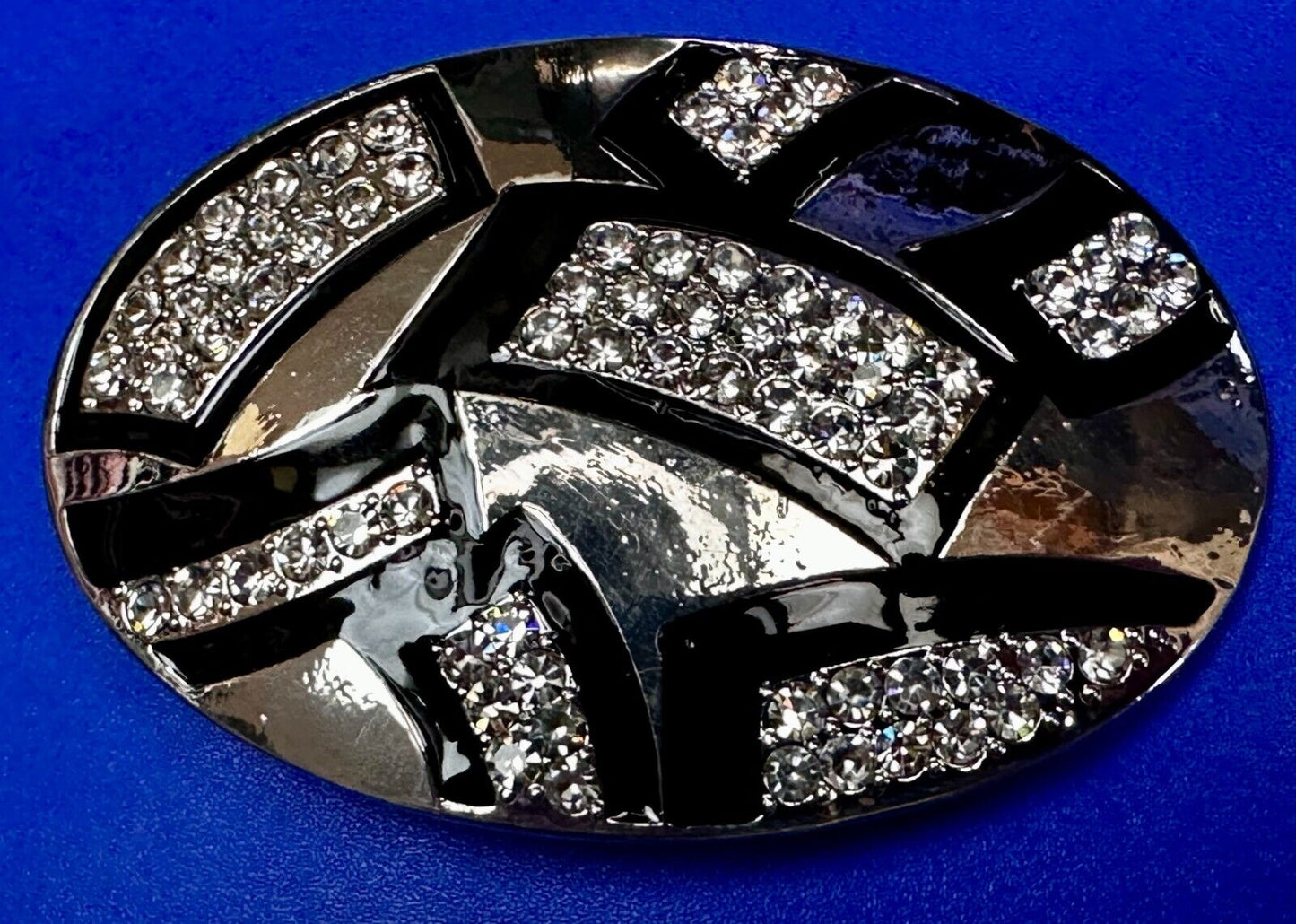 Unique Rhinestone Accented Black & Silver Tone Women's Oval Belt Buckle