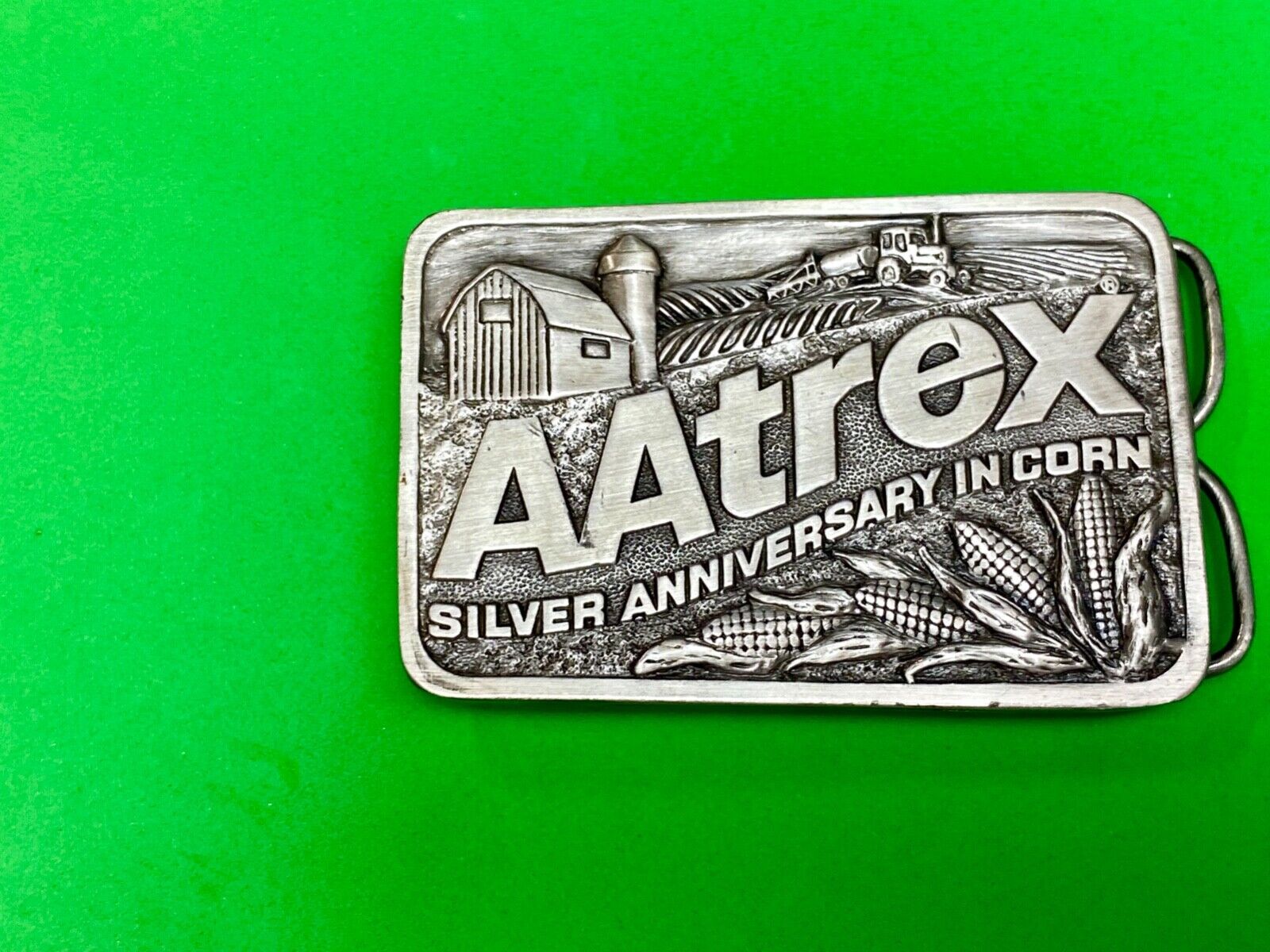 AAtrex Silver Anniversary Farm Tractor Barn Corn Farmer Belt Buckle