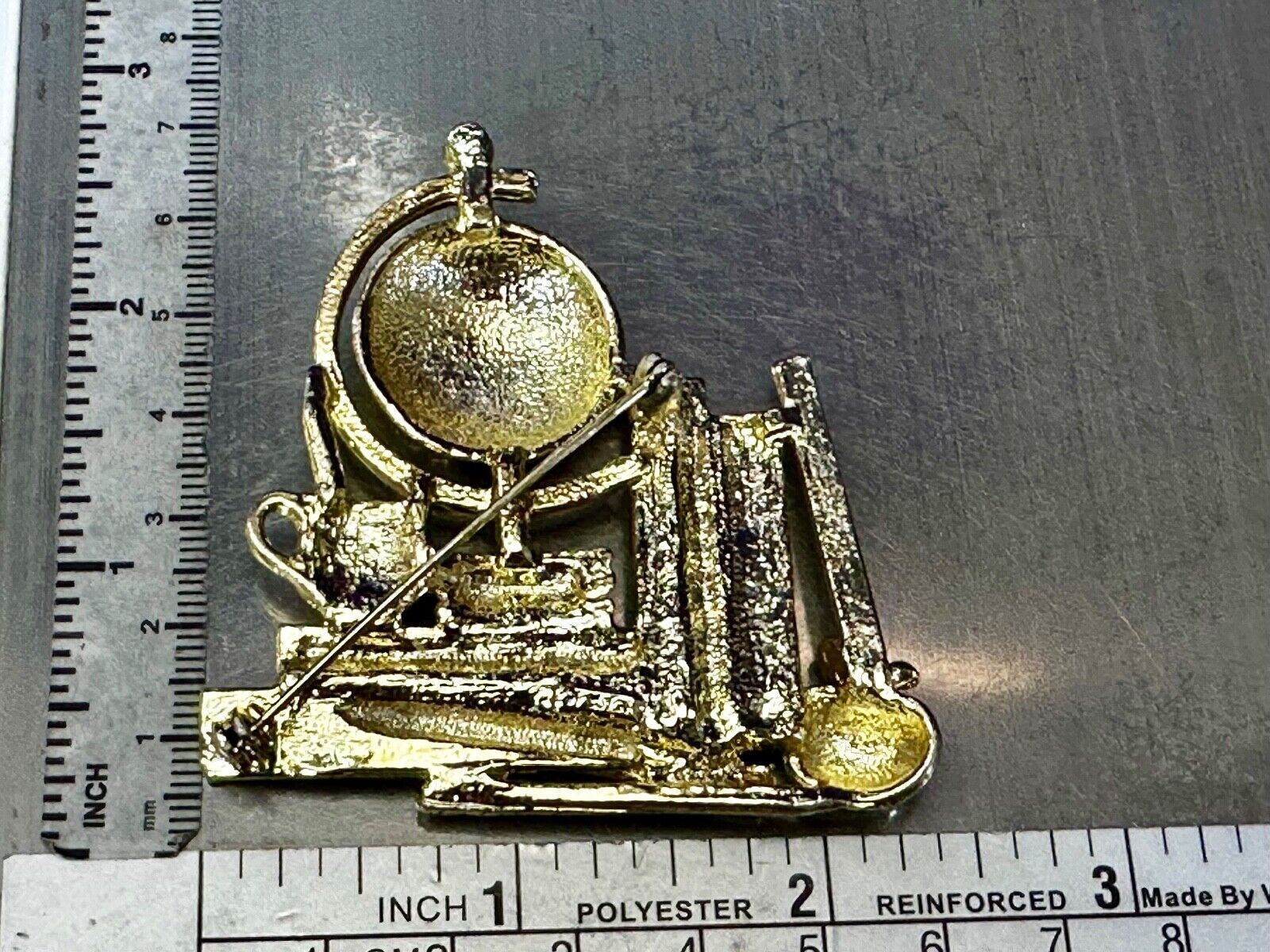 Teacher Gift!  Globe Books Apple Ruler Gold Tone Brooch Pin Vintage by AJC