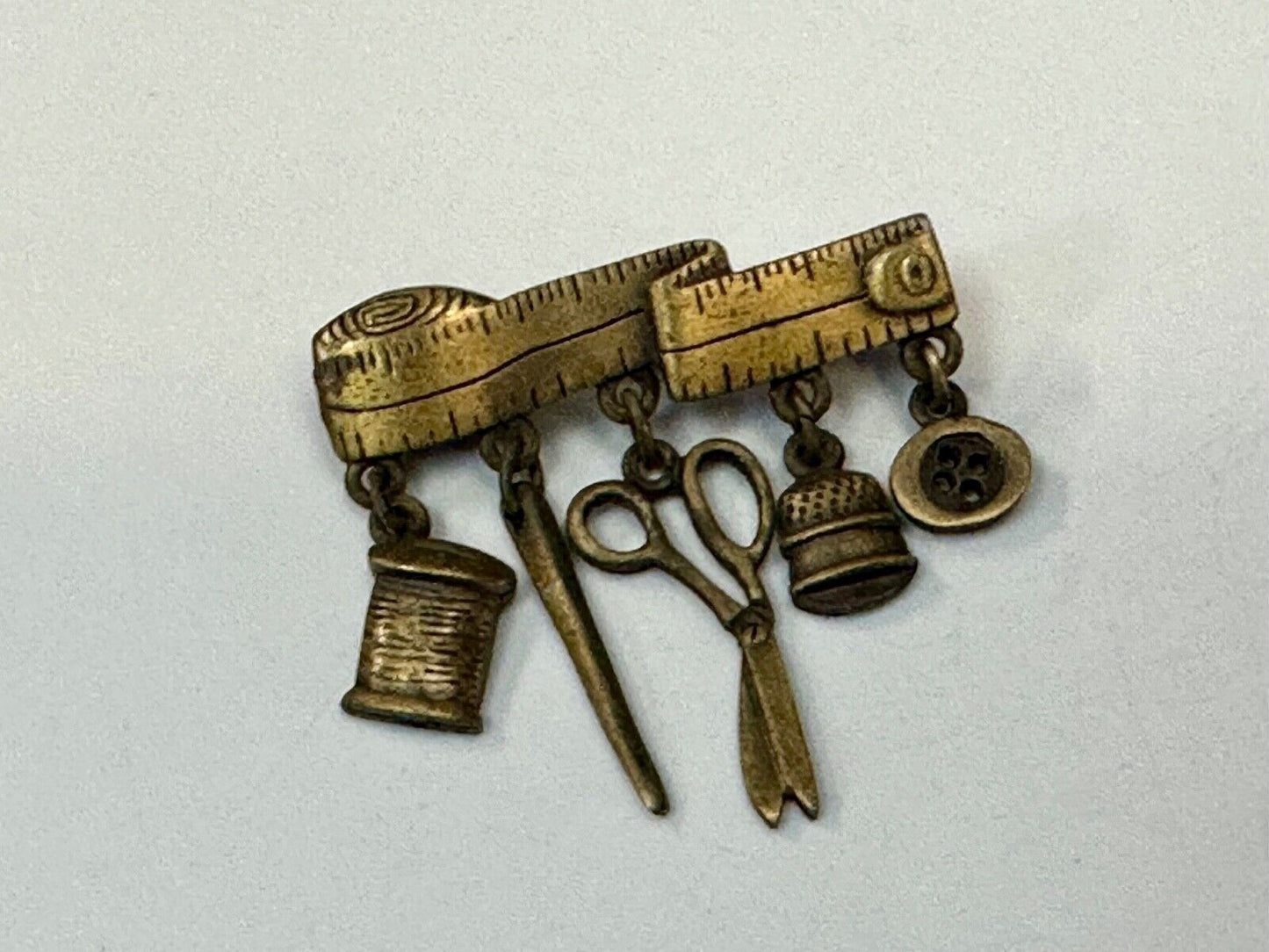 Sewing needle thread dangle charms JJ Signed vintage pewter brooch pin