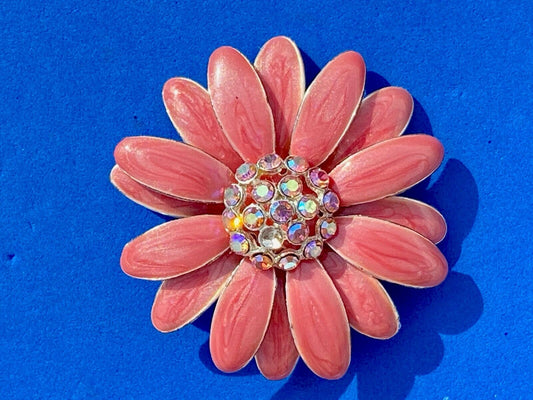 Beautiful Rhinestone Accented Otc Pink Flower Figural Silver Tone Brooch