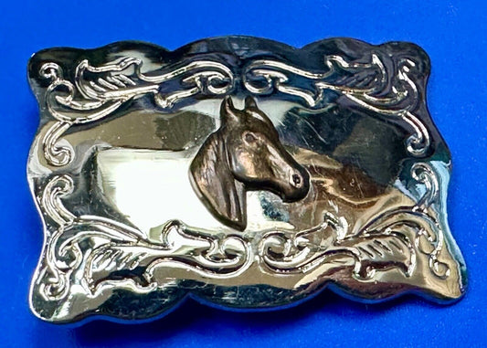 Vintage horse head centered on western rectangular two tone belt buckle