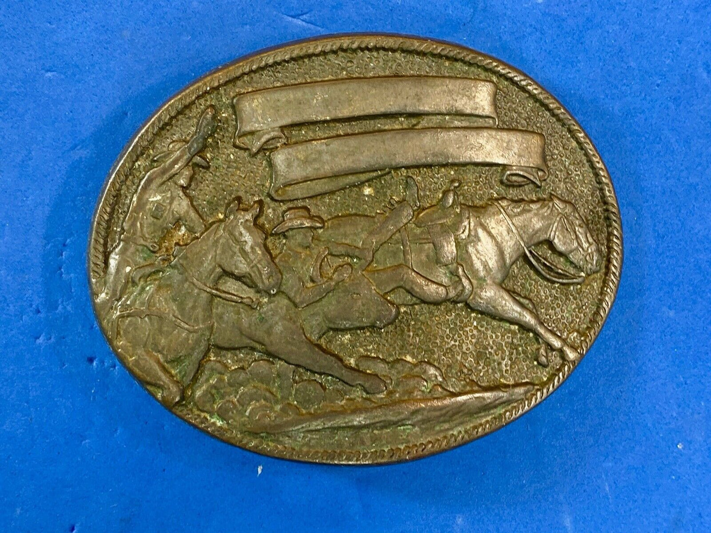Vintage cowboys from wild west riding horseback belt buckle - blank ribbon award