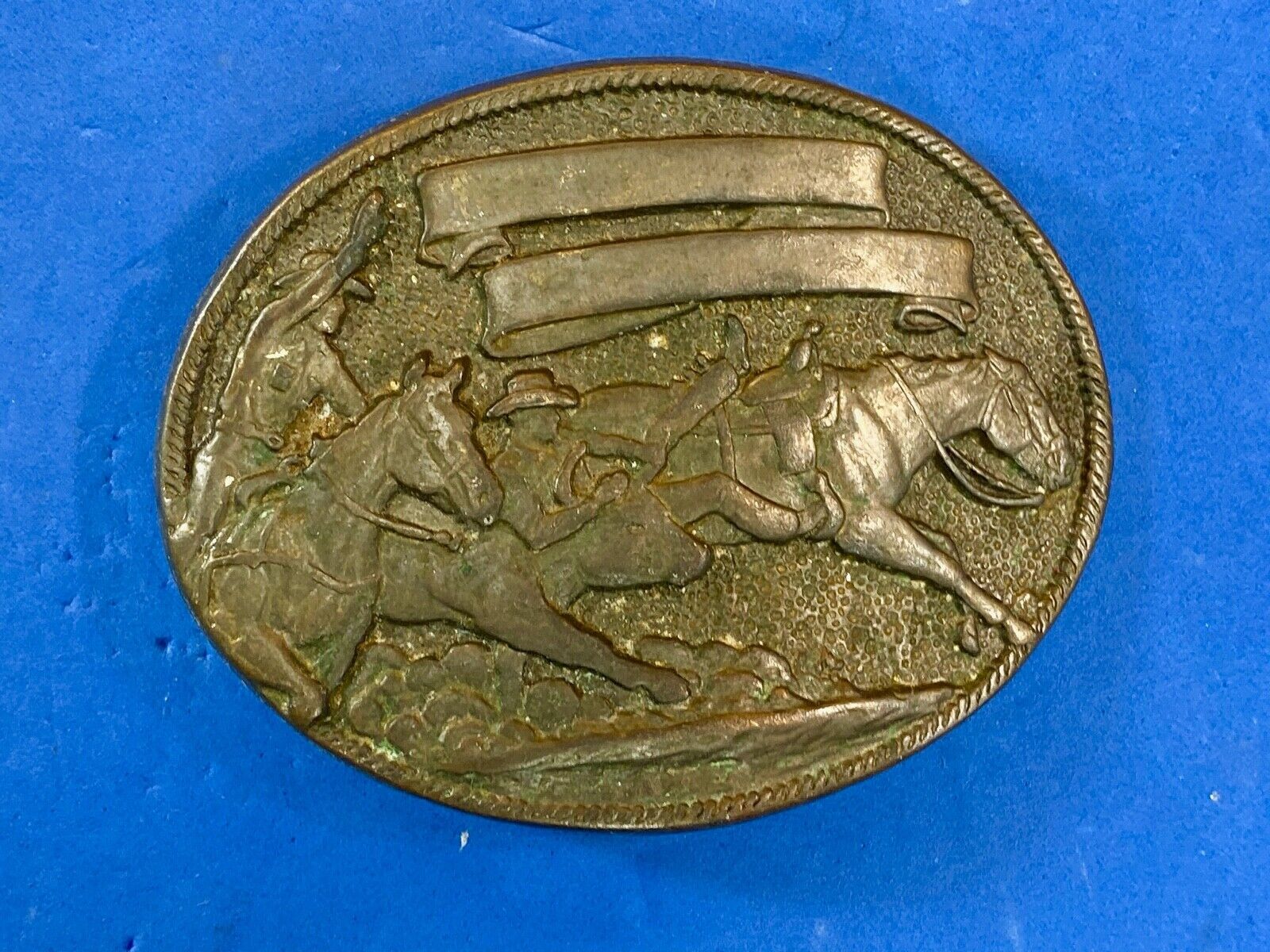 Vintage cowboys from wild west riding horseback belt buckle - blank ribbon award
