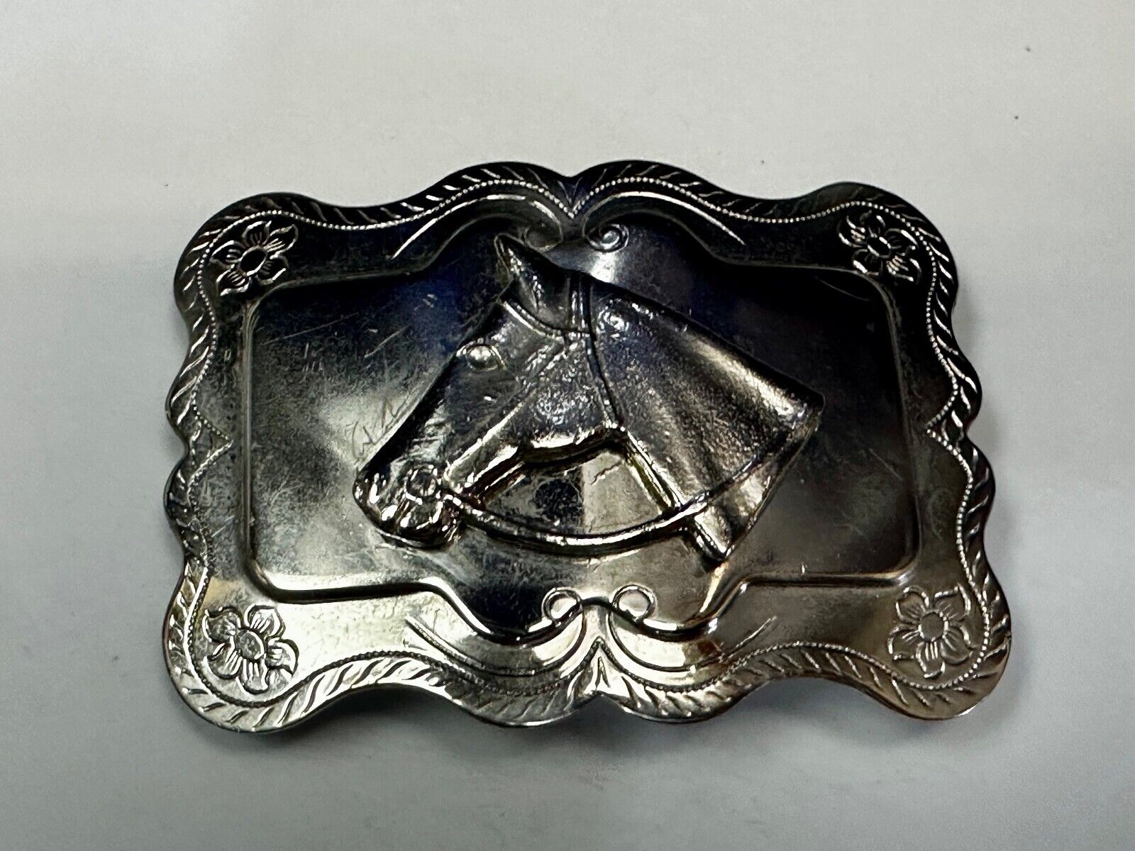 Vintage Horse Head Bust silver tone Floral Engraved Belt Buckle