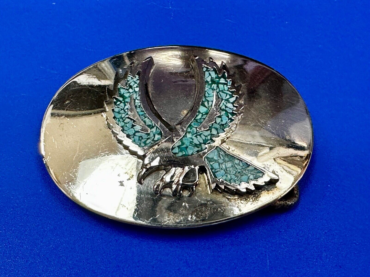 Turquoise Chip inlaid Flying Hunting Diving Patriotic American Eagle Belt Buckle