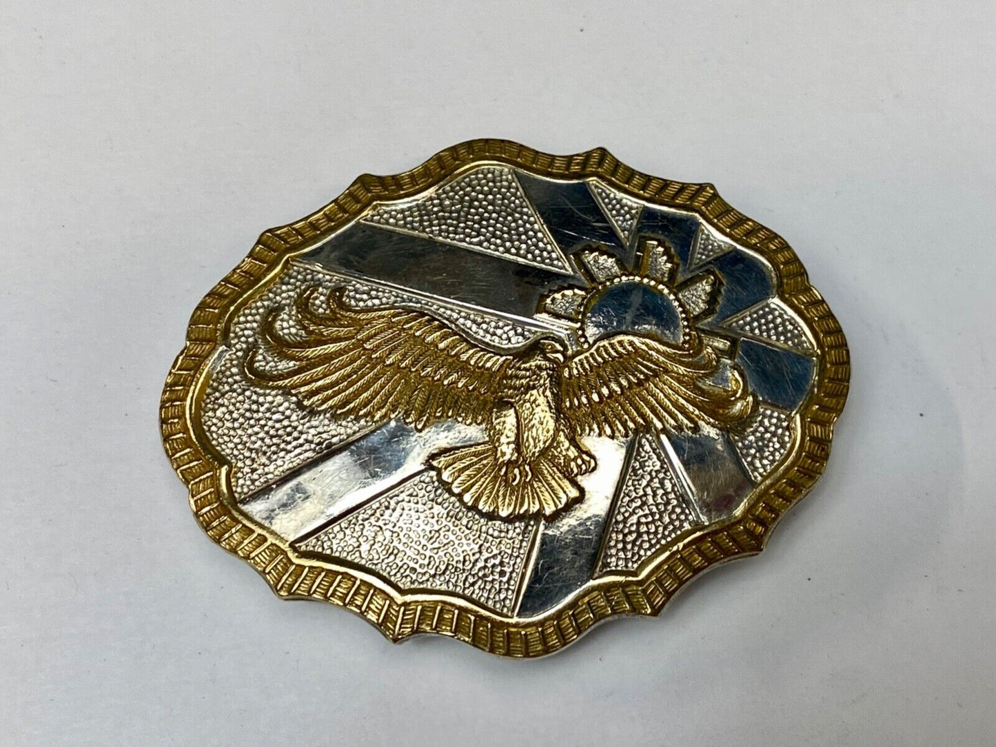 Vintage Crumrine Two tone Hunting American Bald Eagle in Flight belt buckle