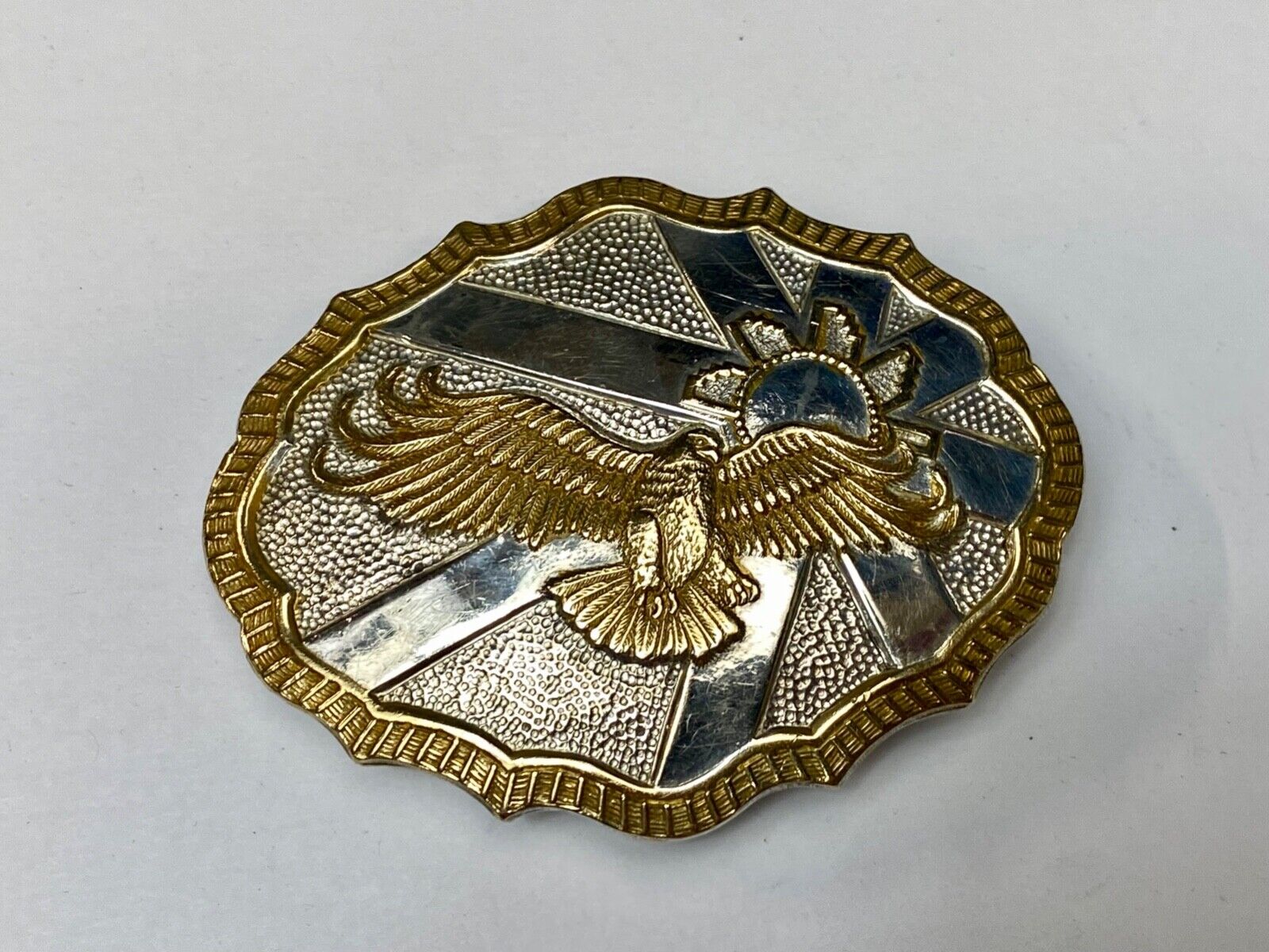 Vintage Crumrine Two tone Hunting American Bald Eagle in Flight belt buckle