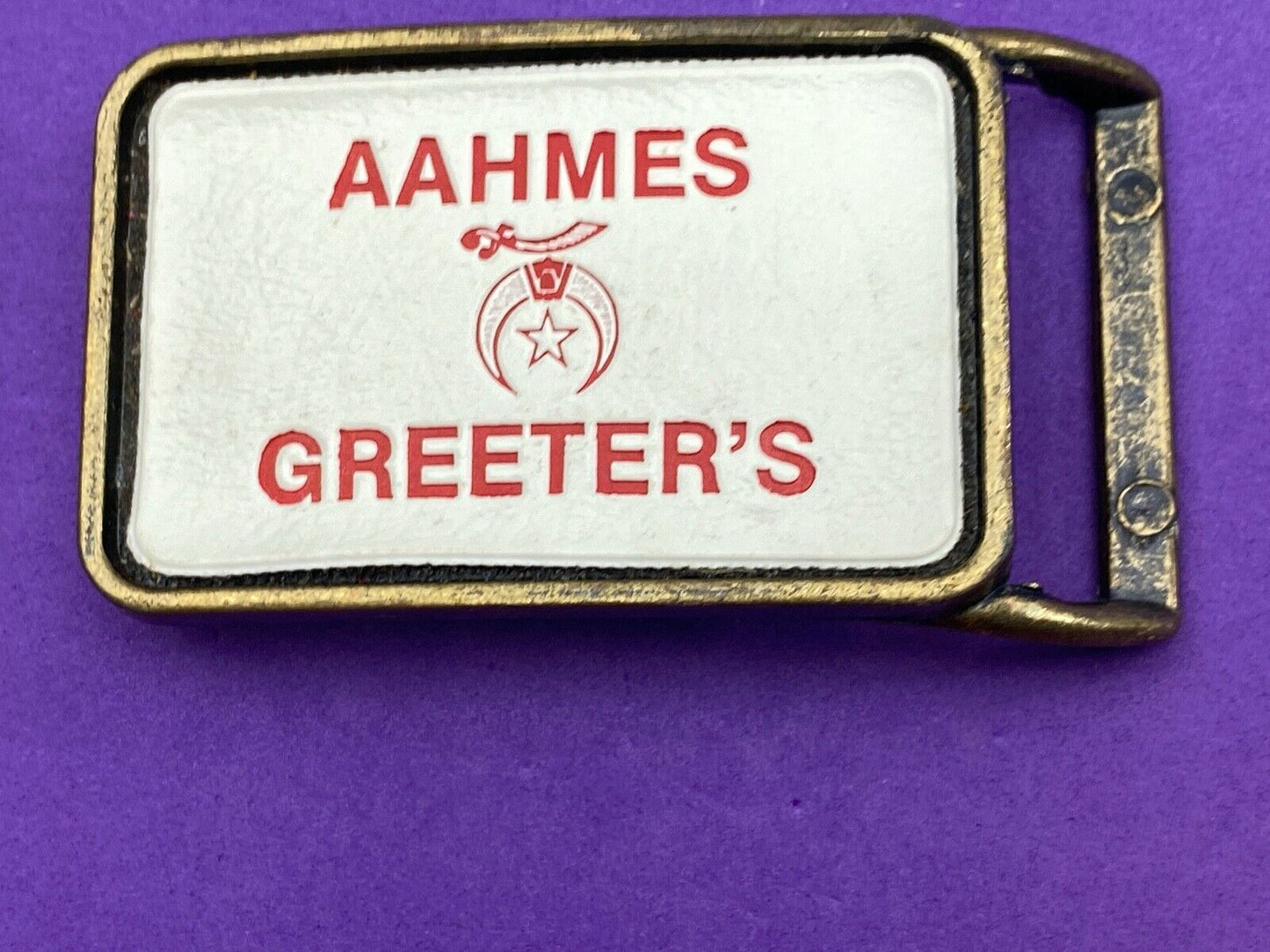 Aahmes Greeters Shriners, or Shrine Masons Club logo - white leather belt buckle