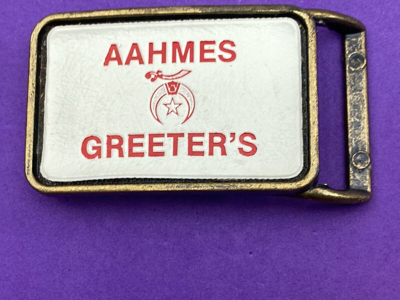 Aahmes Greeters Shriners, or Shrine Masons Club logo - white leather belt buckle