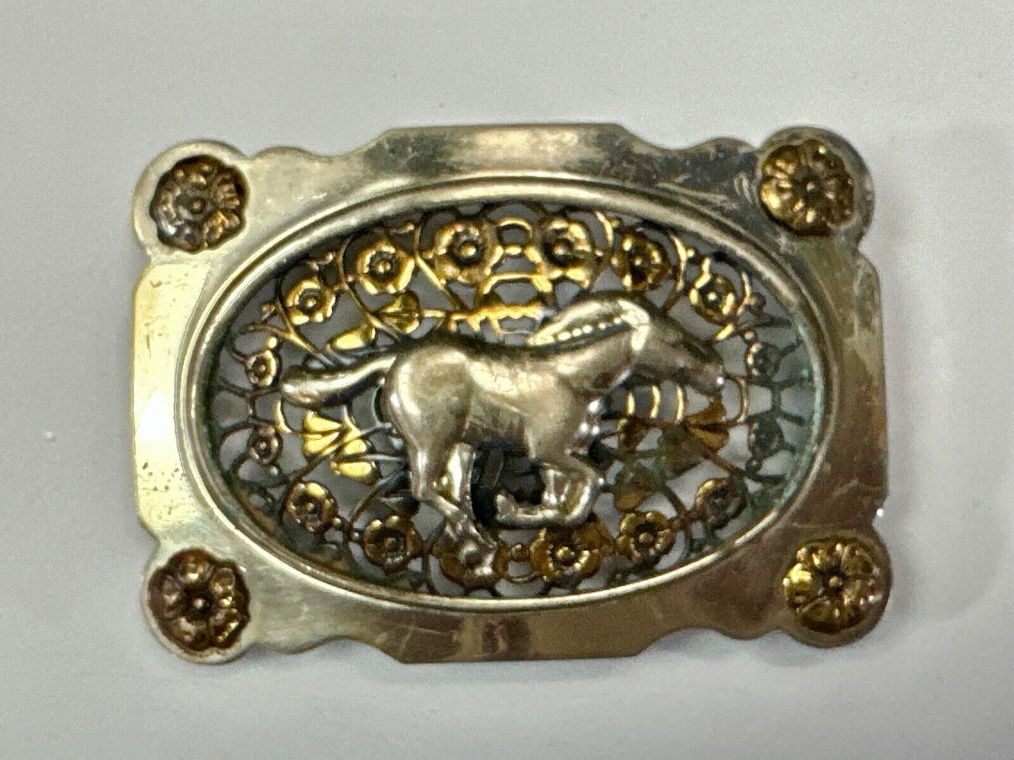 Unique Running Horse in ornate cutout see through vintage two tone belt buckle