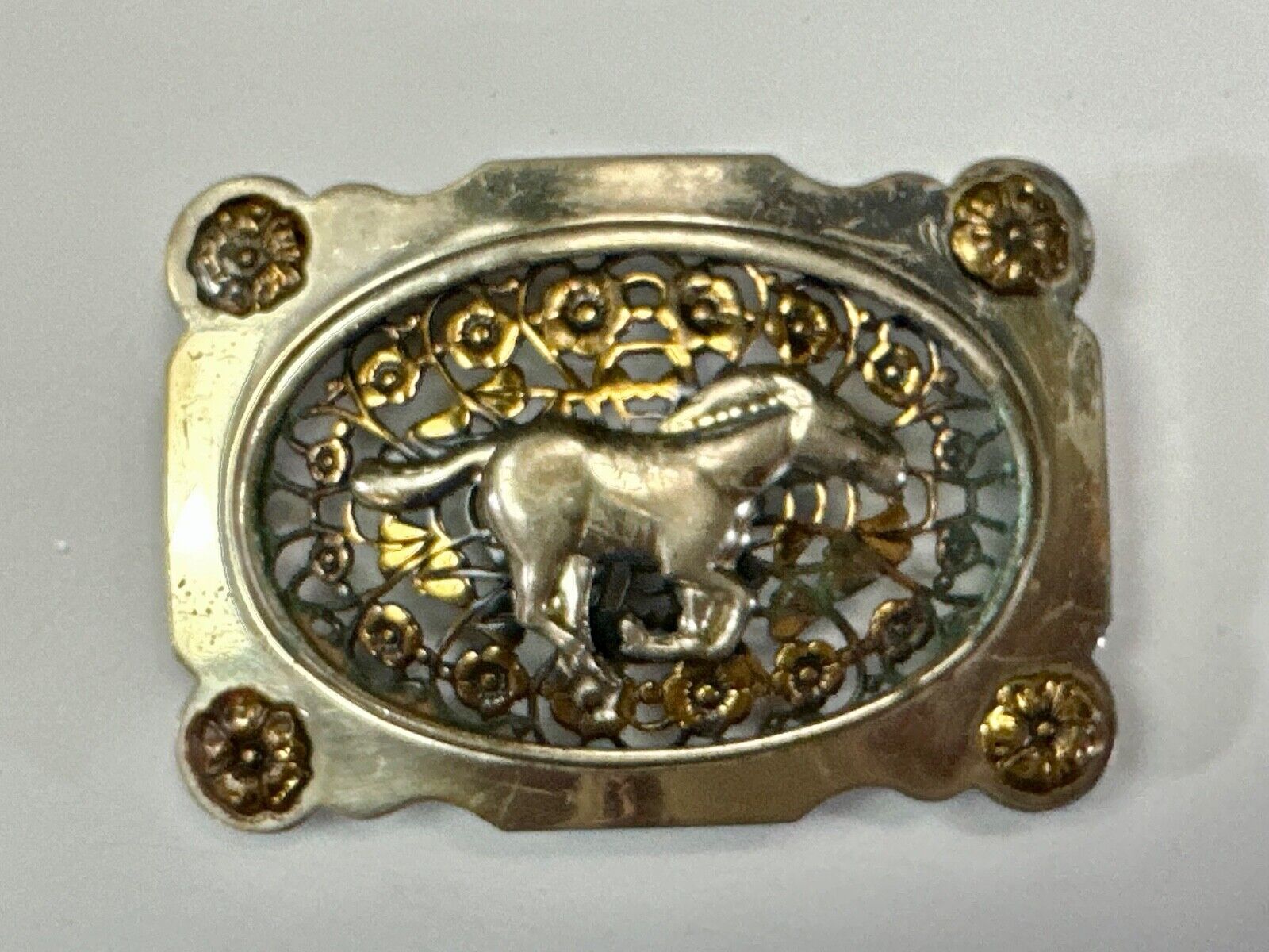 Unique Running Horse in ornate cutout see through vintage two tone belt buckle