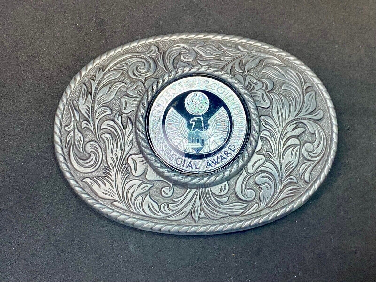 Vintage Ge Federal Accounts Special Award Centerpiece Western Ornate Belt Buckle