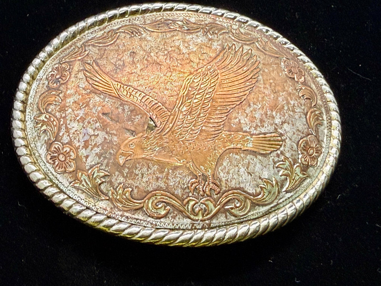 American Bald Flying Eagle Flower Swirl Ornate Brown Color Belt Buckle W USA
