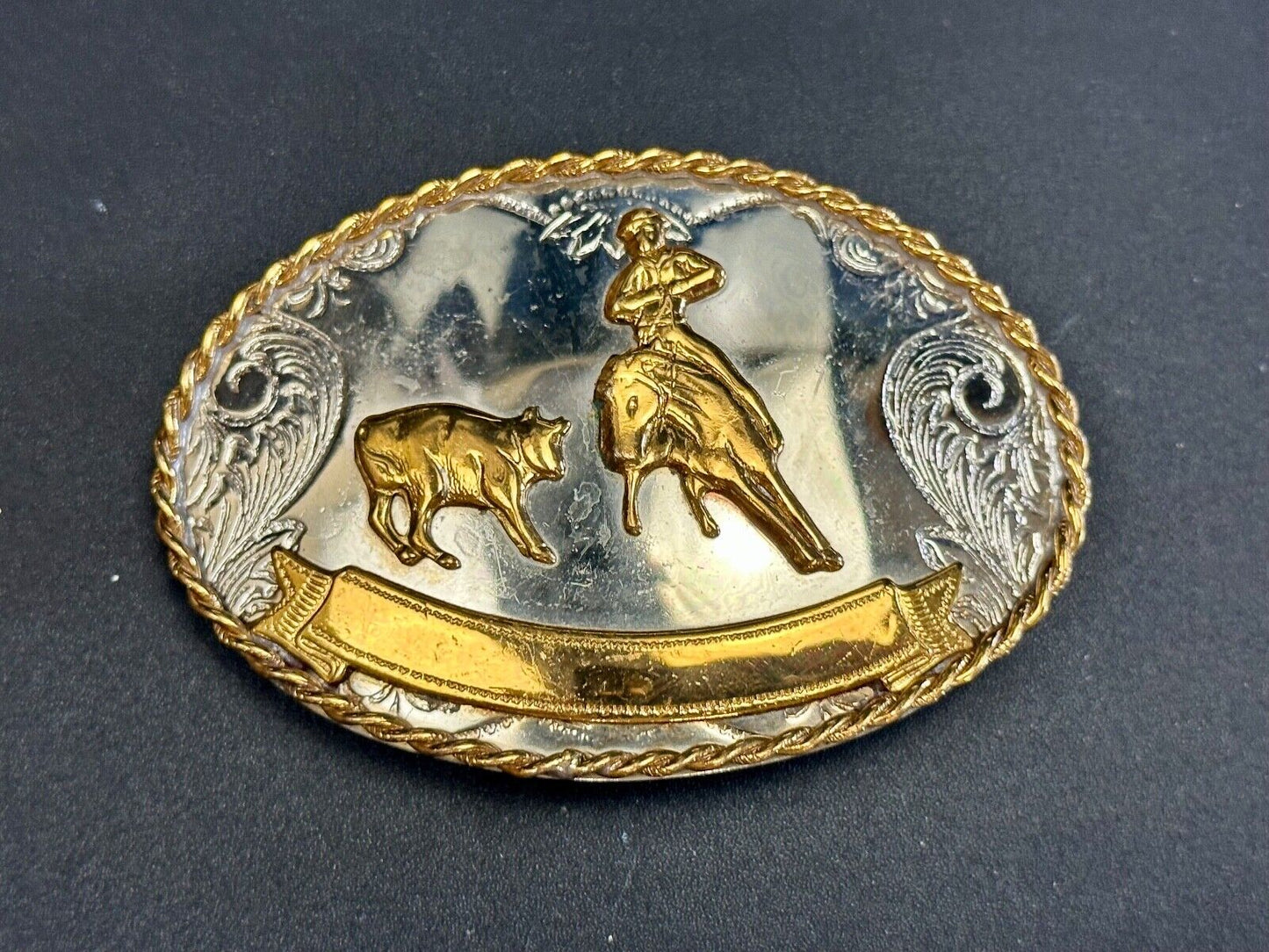 Vintage German Silver Rodeo Cowboy With Blank Award Trophy Ribbon belt buckle