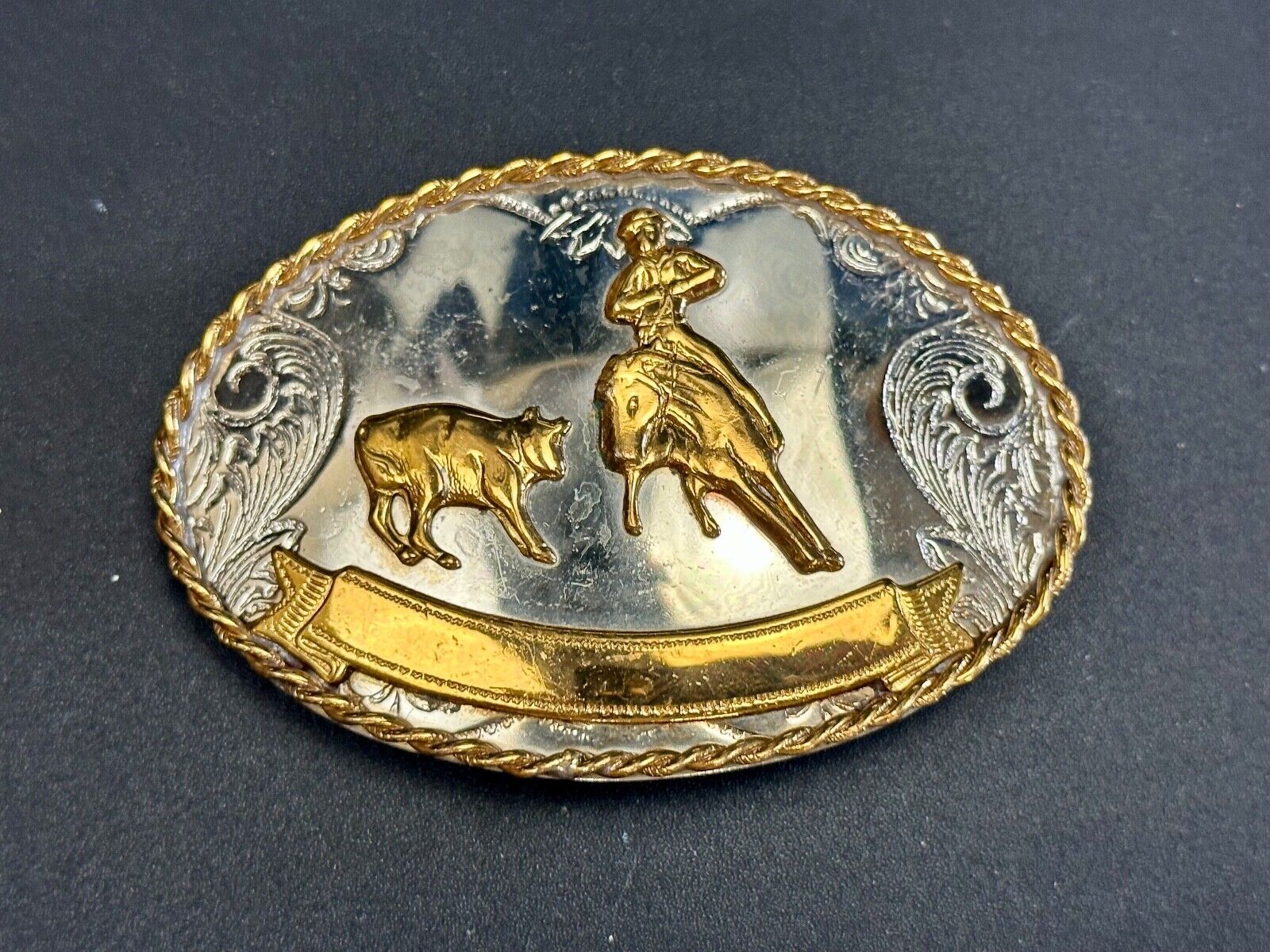 Vintage German Silver Rodeo Cowboy With Blank Award Trophy Ribbon belt buckle