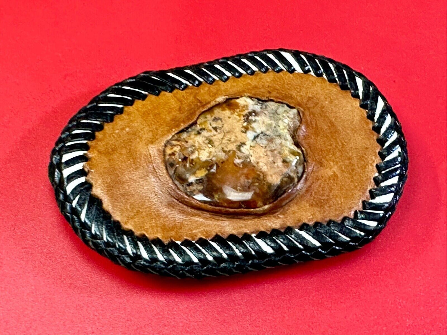 Vintage leather & stone? hand stitched belt buckle