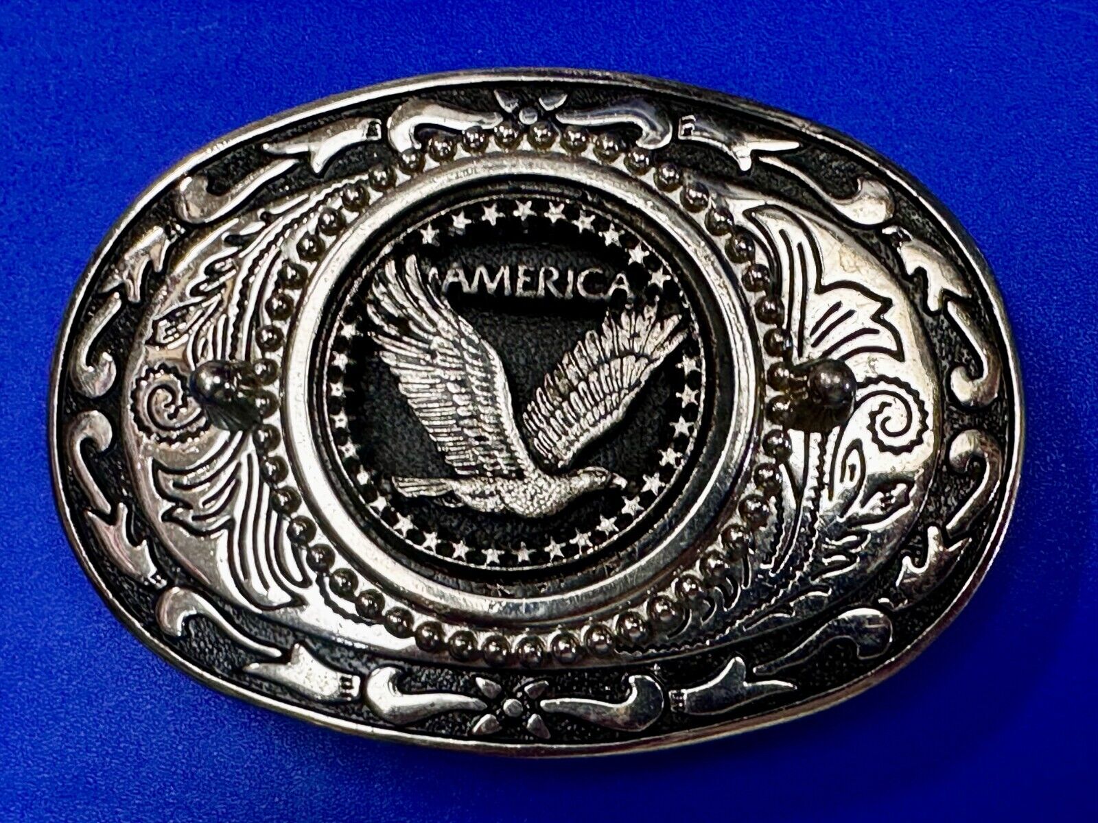 American Patriotic Bald Eagle Centered Flower Swirl Western Vintage Belt Buckle