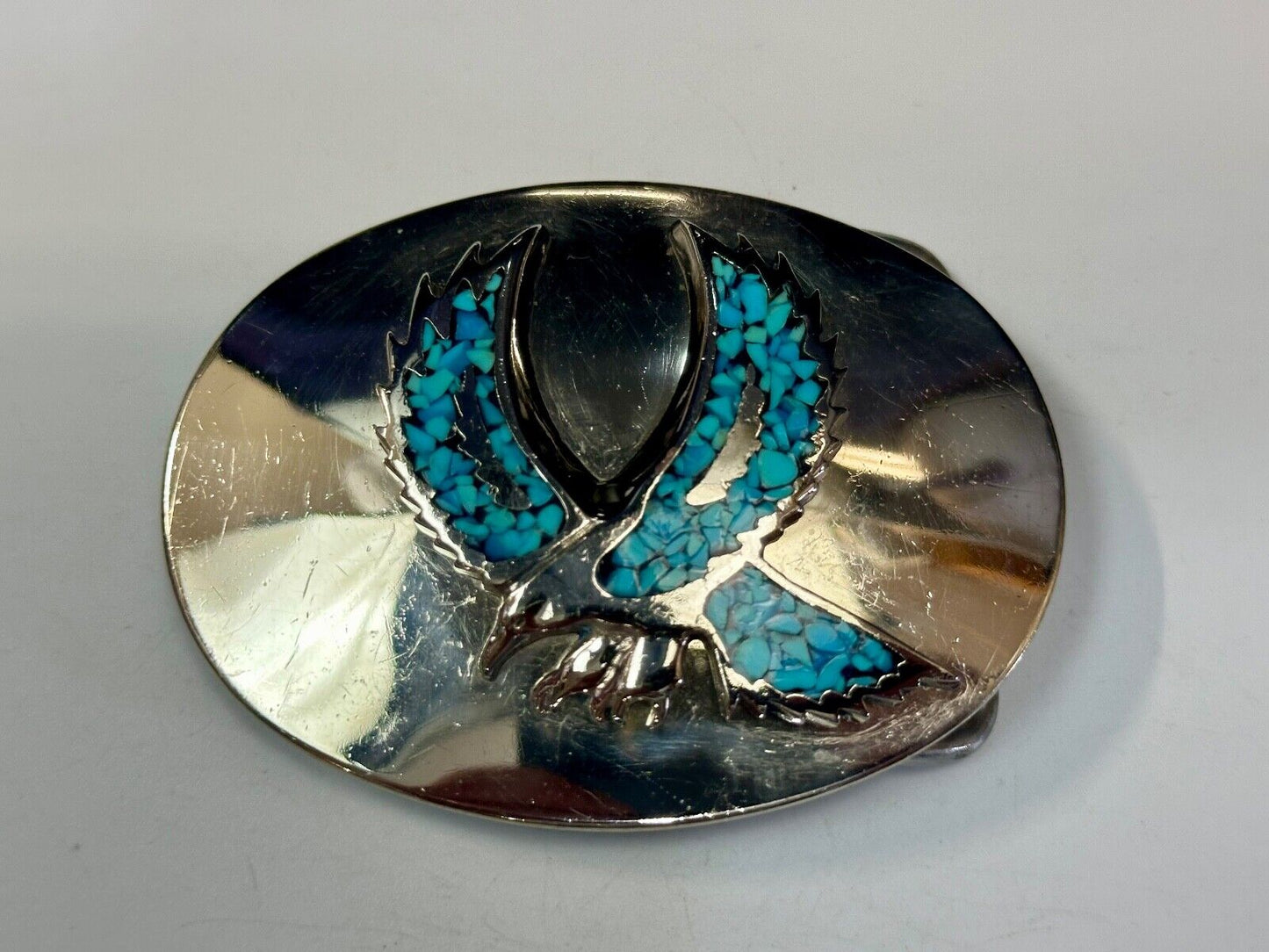 Turquoise Chip inlaid Flying Hunting Diving Patriotic American Eagle Belt Buckle