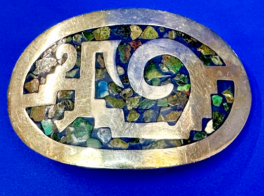Vintage Inlaid Abalone Shell AZTEC MAYAN Theme Mexico Made? Belt Buckle
