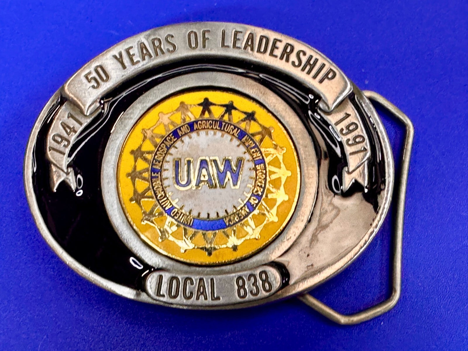 AUW United Auto Workers Local 838 50 Years of Leadership 1941-1991 Belt Buckle