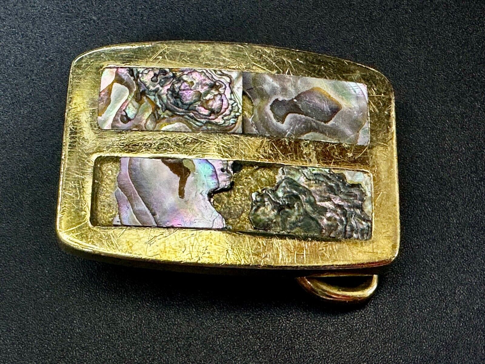 Alabone Shell  Inlay Hippy Boho Style Small Solid Brass Belt Buckle