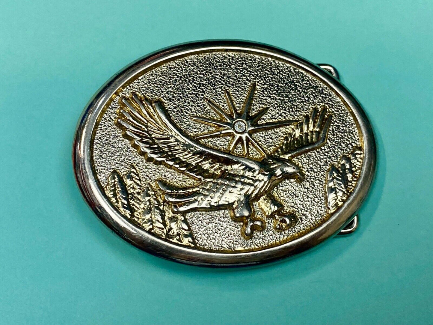 Vintage Eagle Flying Over Mountains With Sunburst two tone belt buckle