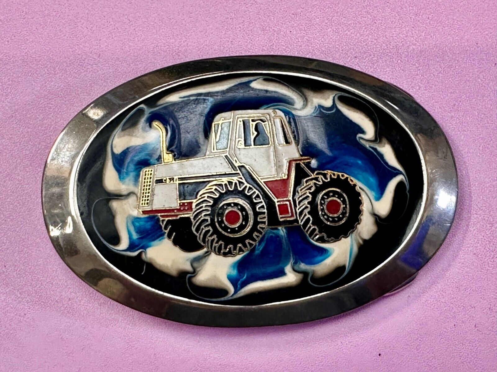 Traction King 4WD Tractor Agricultural Farming Silver Tone Oval Belt Buckle