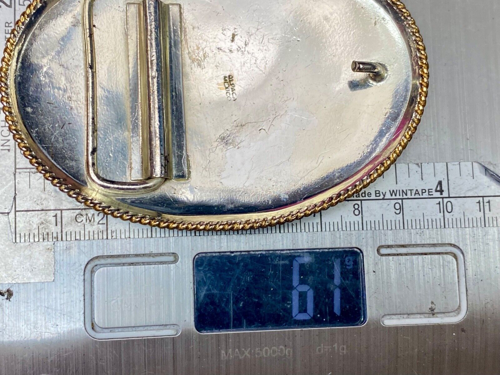 Vintage Horse w/ award ribbon scroll Alpaca Mexico Stamped western belt buckle