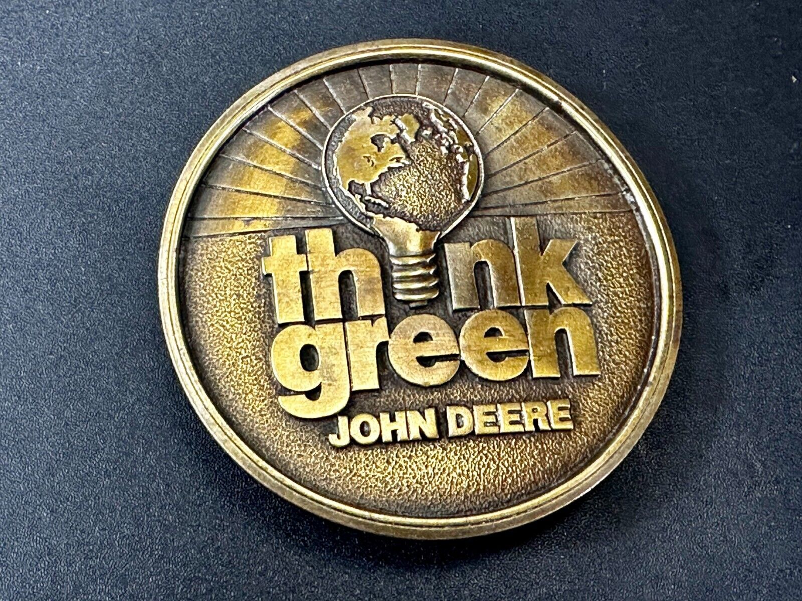 THINK GREEN - John Deere Farm Tractors Vintage Brass Tone Round Belt Buckle