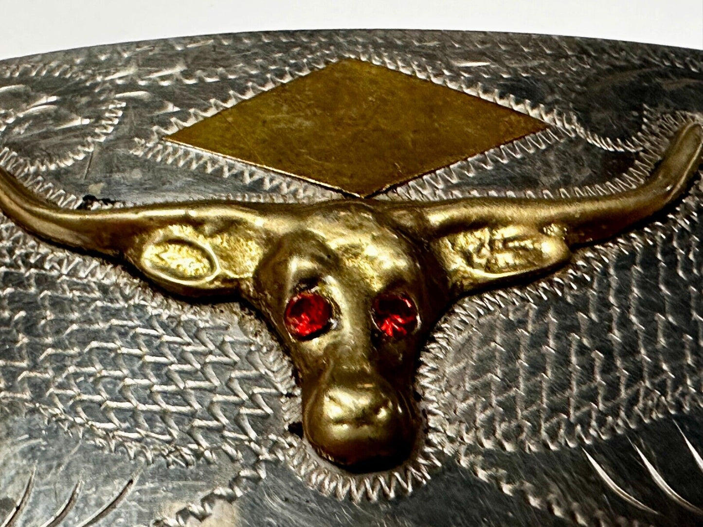 Antique Longhorn Vintage Silver & Gold Tone? Engraved Belt Buckle  Red Ruby Eyes