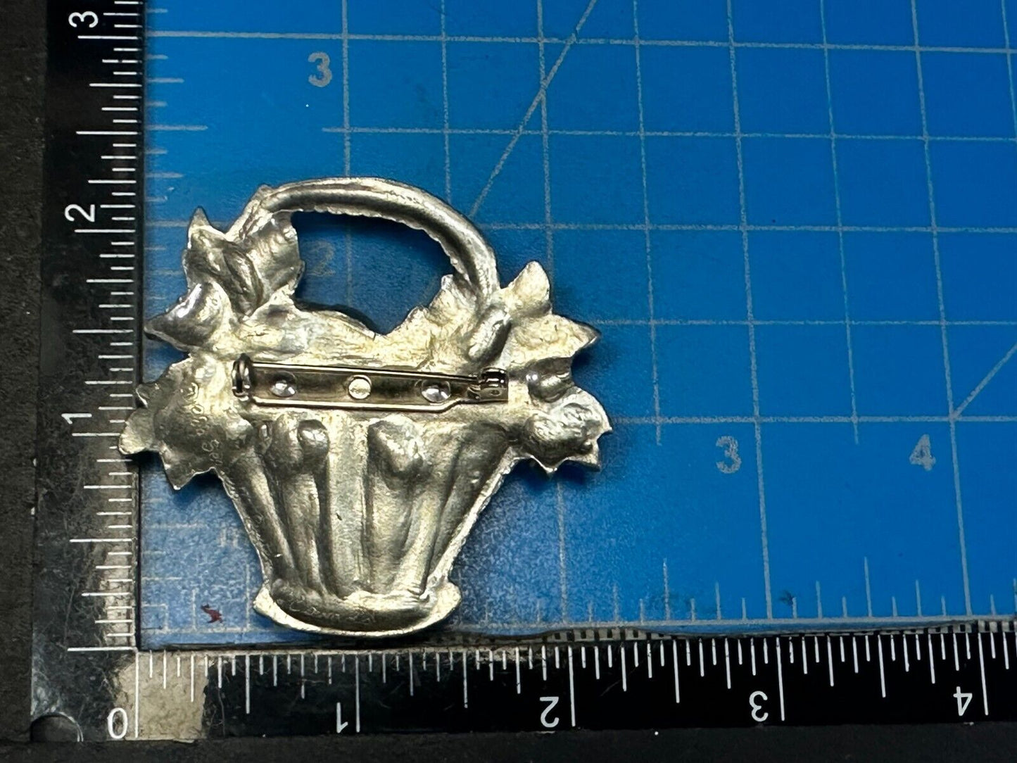 Vintage 1980's Flower Basket Floral Pewter Brooch Pin Signed Seagull Canada