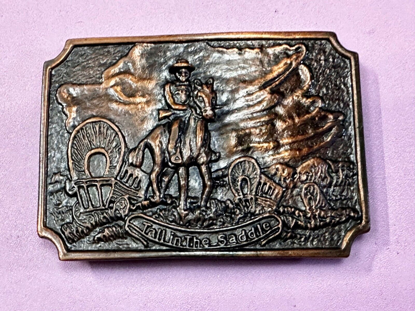 Tall in the Saddle Wagon Cowboy Horse Western Art Scene Vintage Belt Buckle