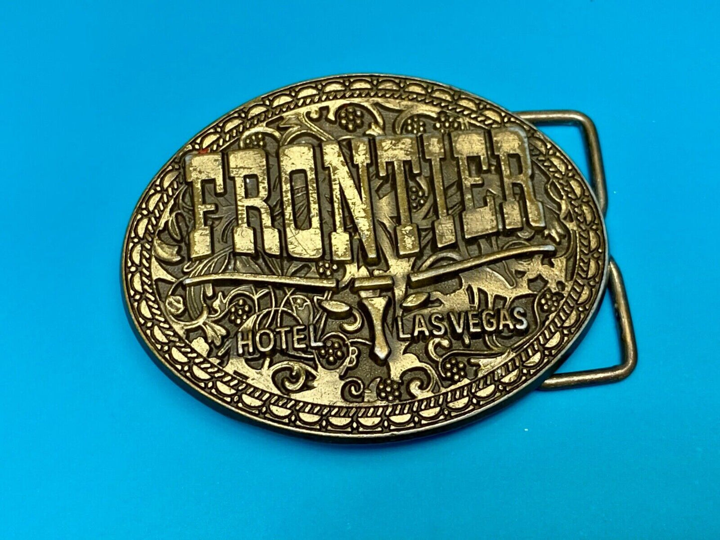 Vintage  Frontier Hotel Old Las Vegas Belt Buckle Casino Nevada Western Longhorn