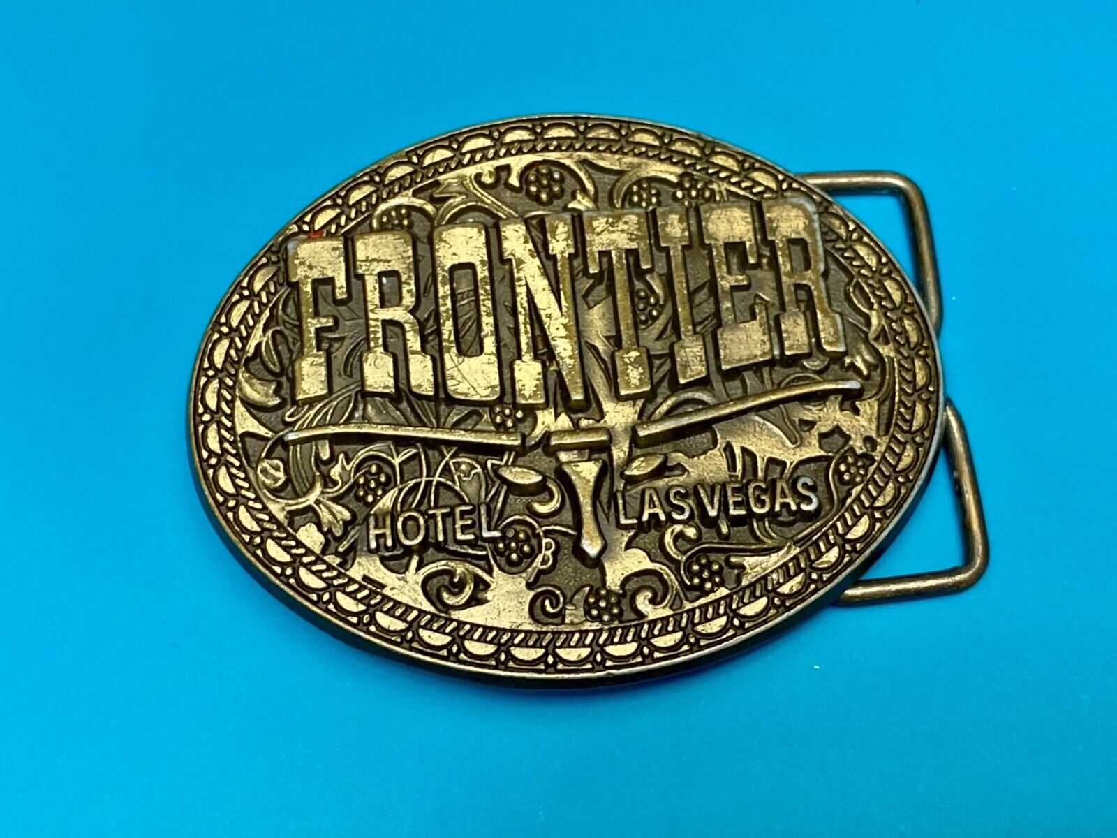 Vintage  Frontier Hotel Old Las Vegas Belt Buckle Casino Nevada Western Longhorn