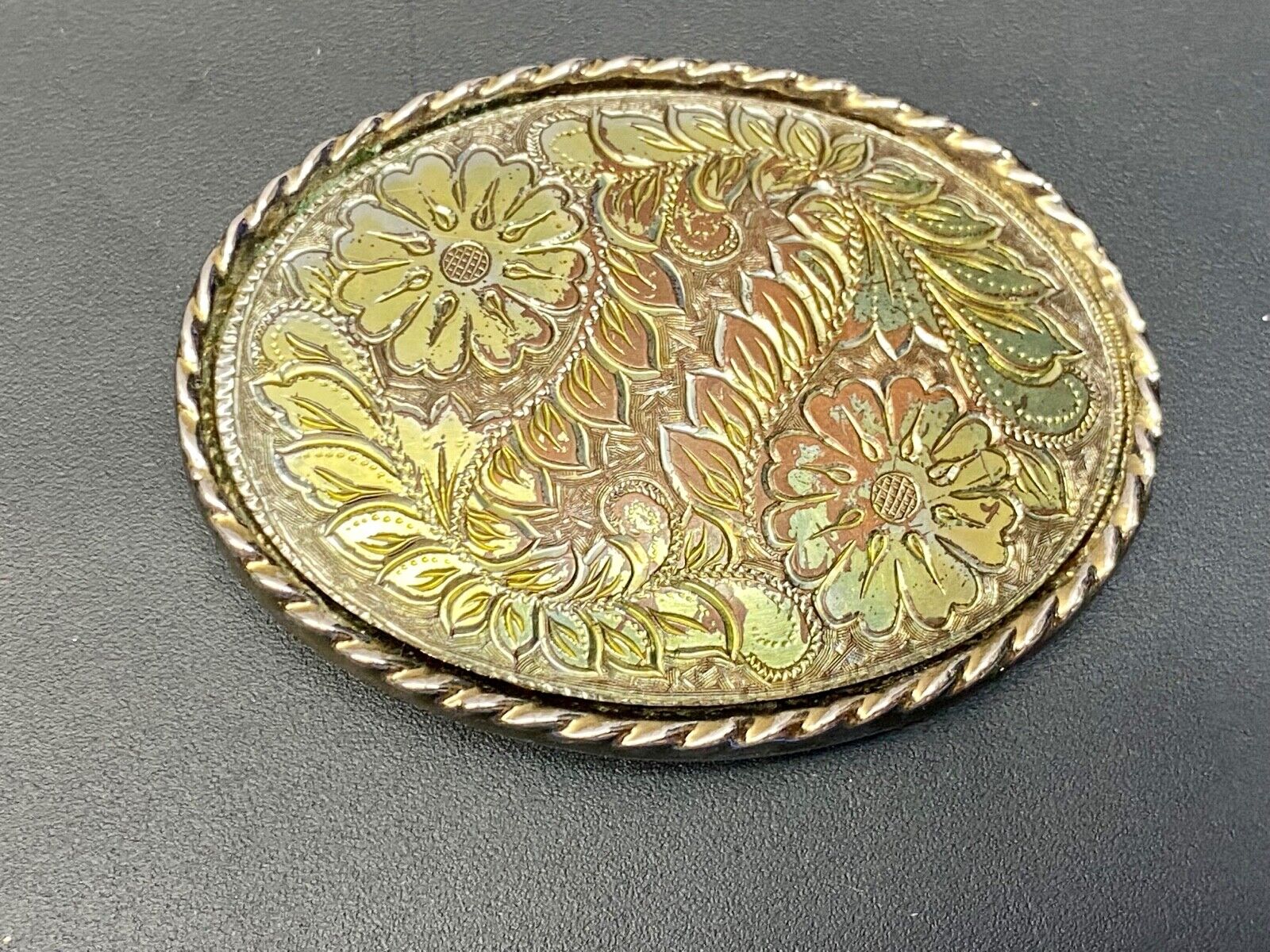 Vintage Etched? Mixed Metal Western flower oval belt buckle marked W 