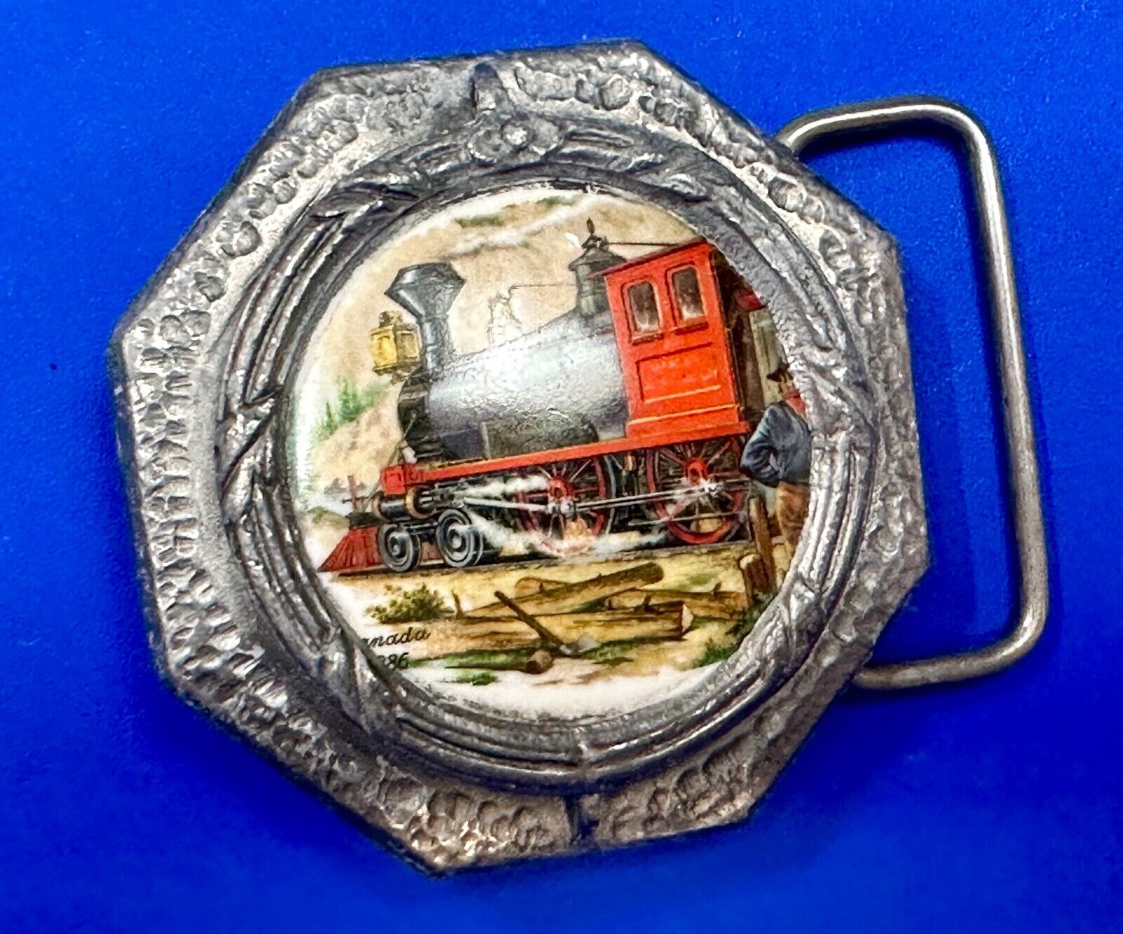 Train Steam Engine Art Picture on ceramic and pewter Vintage Belt Buckle