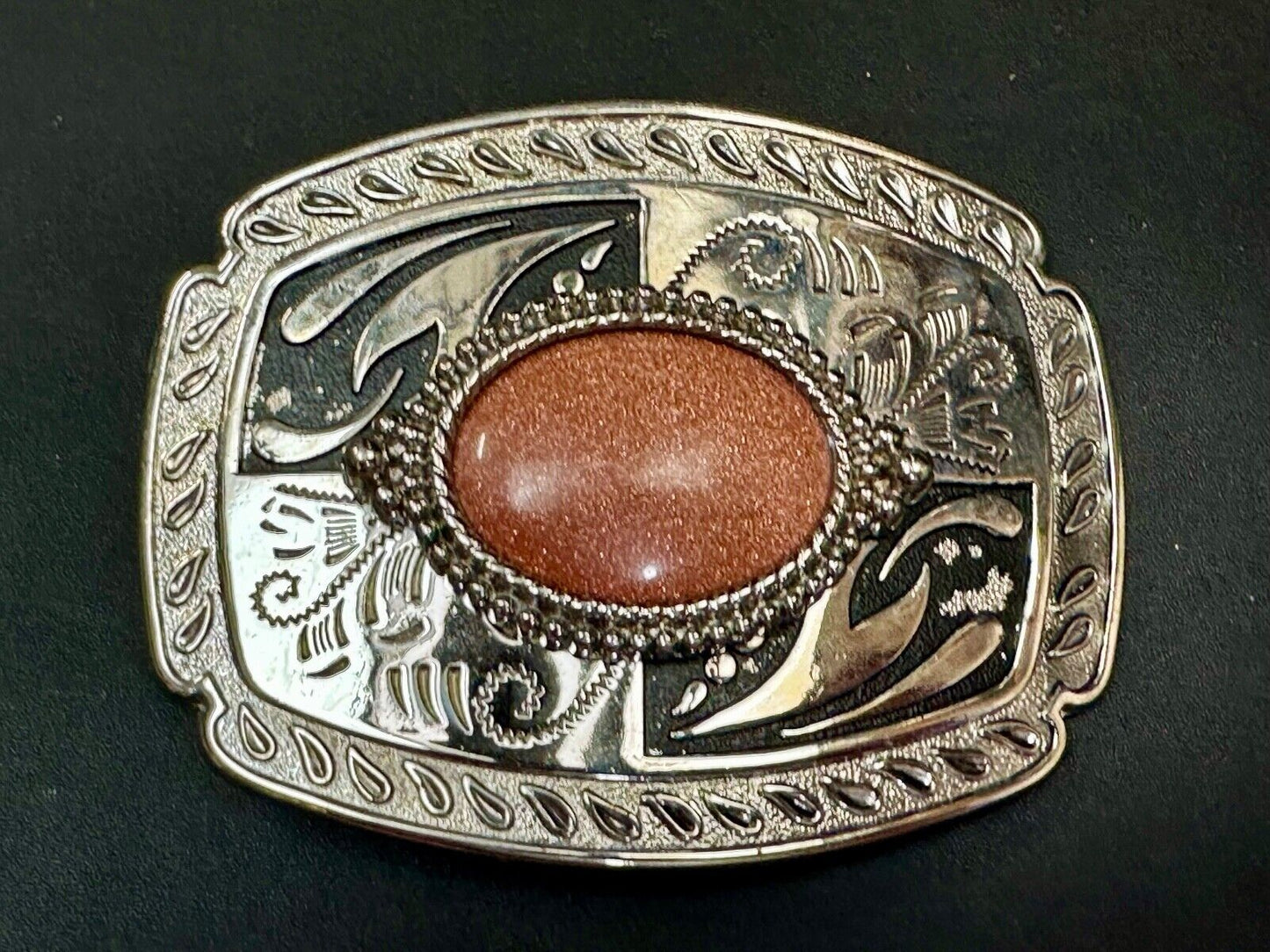 Vintage Goldstone Cabochon Cab Stone Centerpiece on Western Belt Buckle