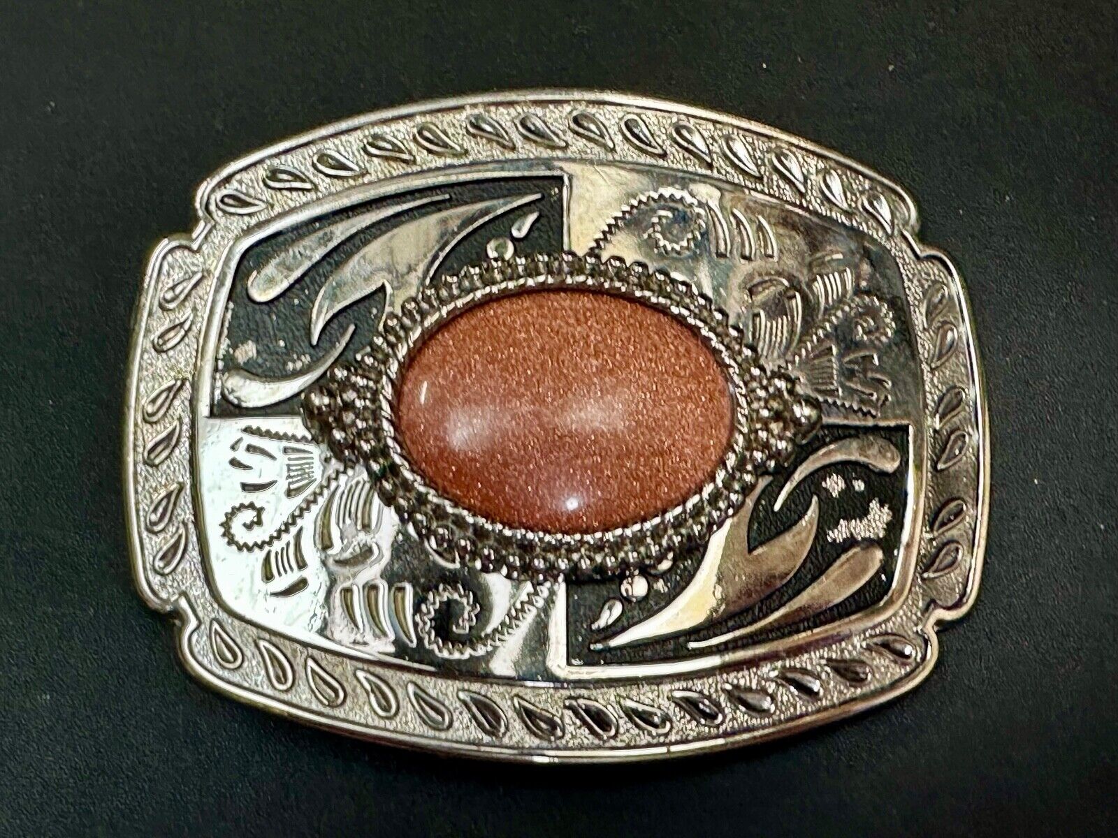 Vintage Goldstone Cabochon Cab Stone Centerpiece on Western Belt Buckle