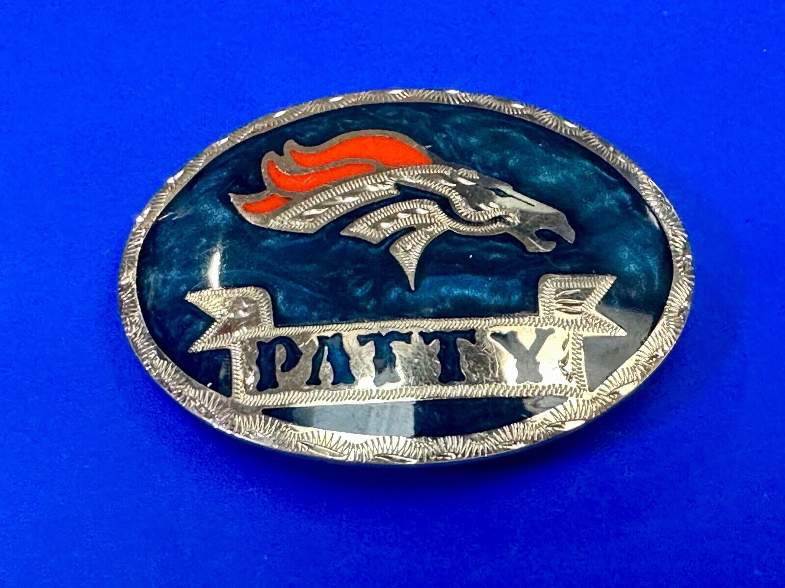 Artisan Custom Name PATTY ribbon - enamel inlaid Mustang race horse belt buckle