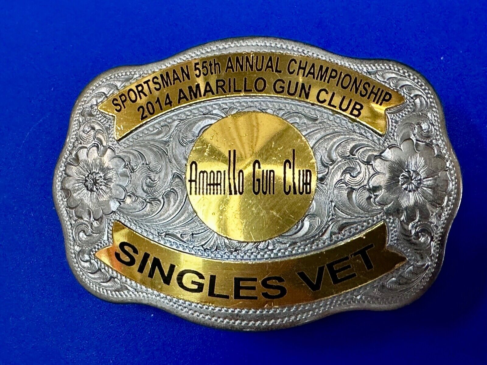 Amarillo Texas Gun Club Singles Vet Trophy Belt Buckle by Tilden