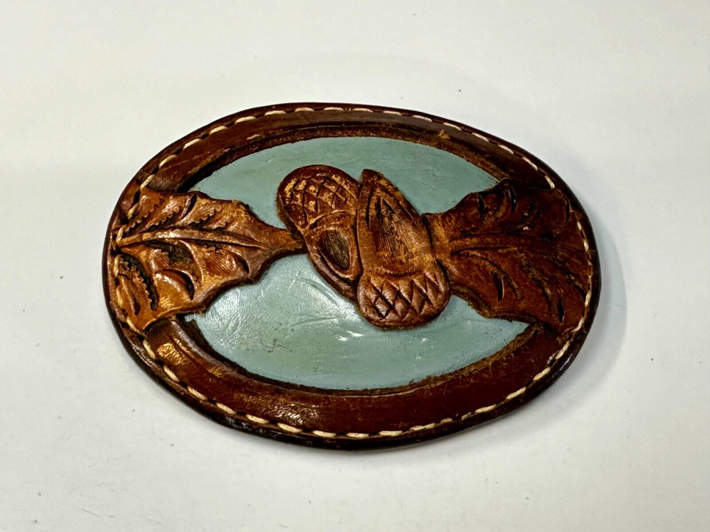 Artisan Hand-Stitched Acorn Leaf Brown Leather 4" Large Unique Belt Buckle
