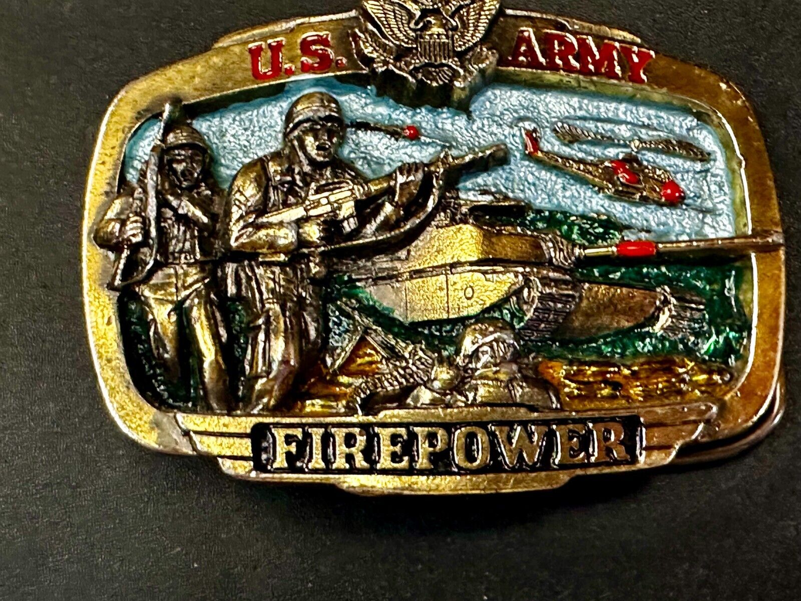 US Army Fire Power The Great American Buckle company Vintage Tank Helicopter
