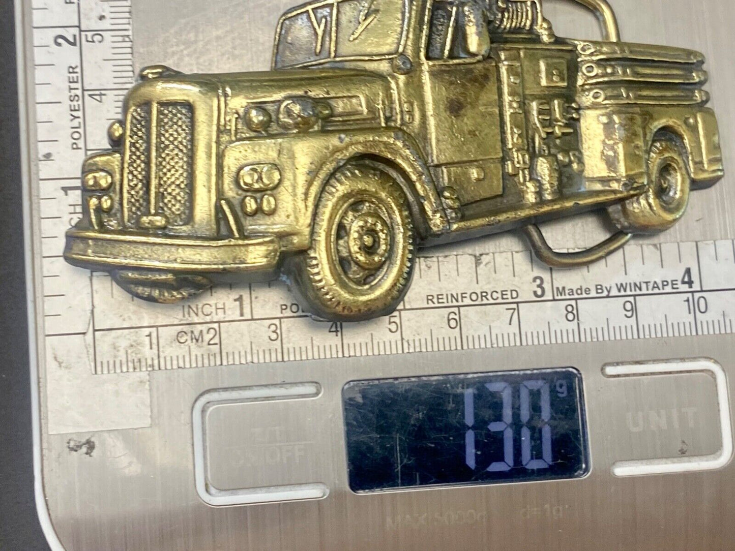 Vintage Figural Fire Truck cut out brass belt buckle