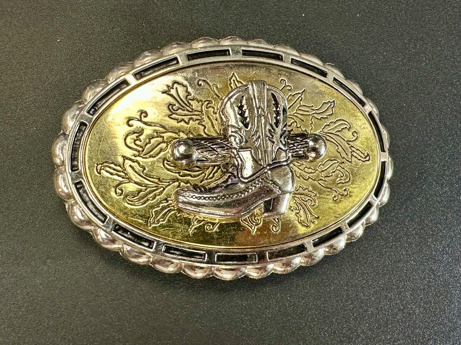 Unique! Cowboy boot and Fence Log - ornate western oval belt buckle