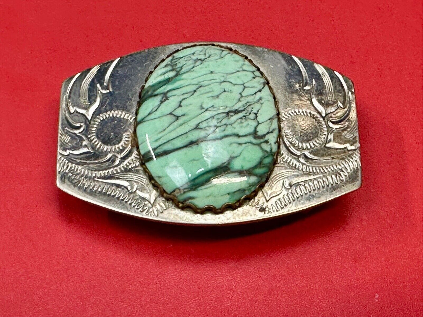 Variscite? Green  Gem Stone Cabochon Centerpiece on Nickel Silver Belt Buckle