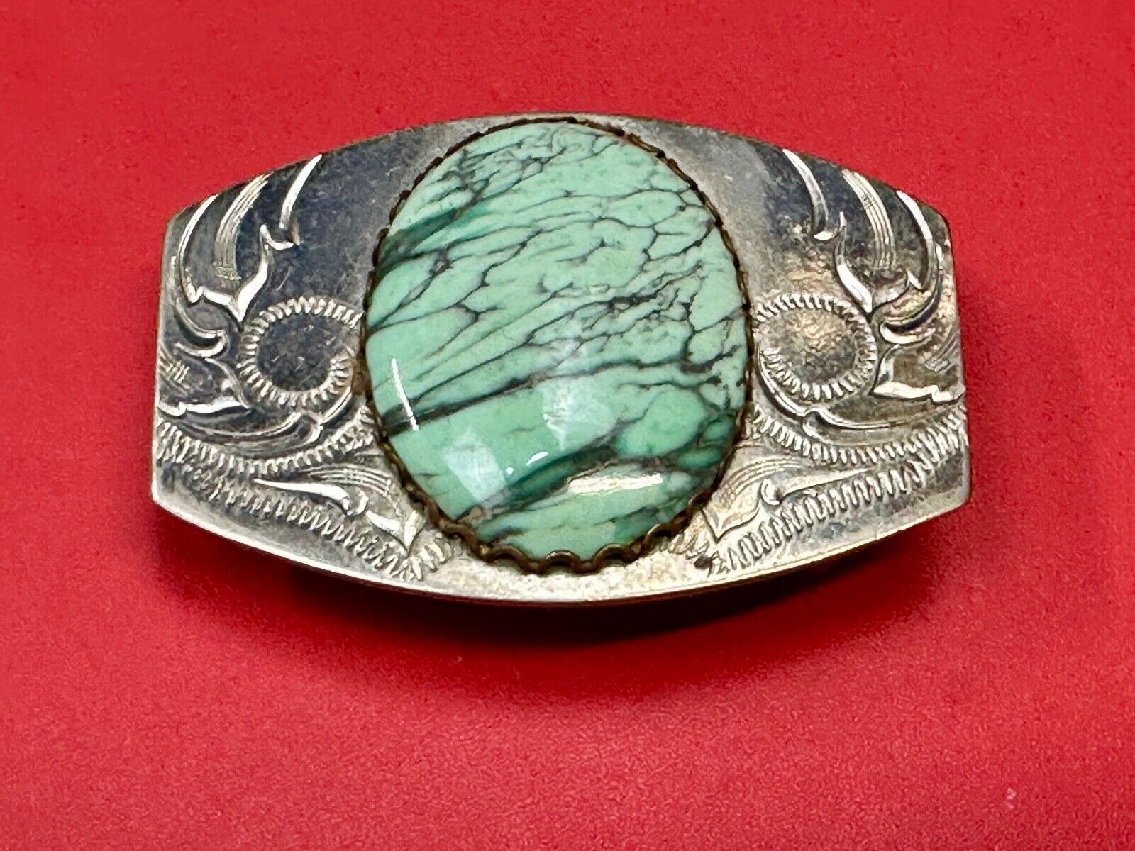 Variscite? Green  Gem Stone Cabochon Centerpiece on Nickel Silver Belt Buckle