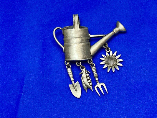 VINTAGE *J.J.*PEWTER GARDENING WATERING CAN BROOCH PIN W/THEMED FIGURAL DANGLES