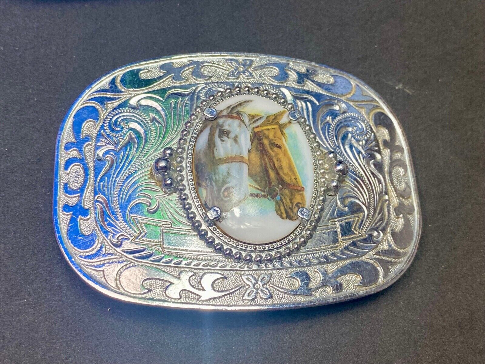 Beautiful Two Horse Bust Head's Photo Picture Western Centerpiece Belt Buckle 
